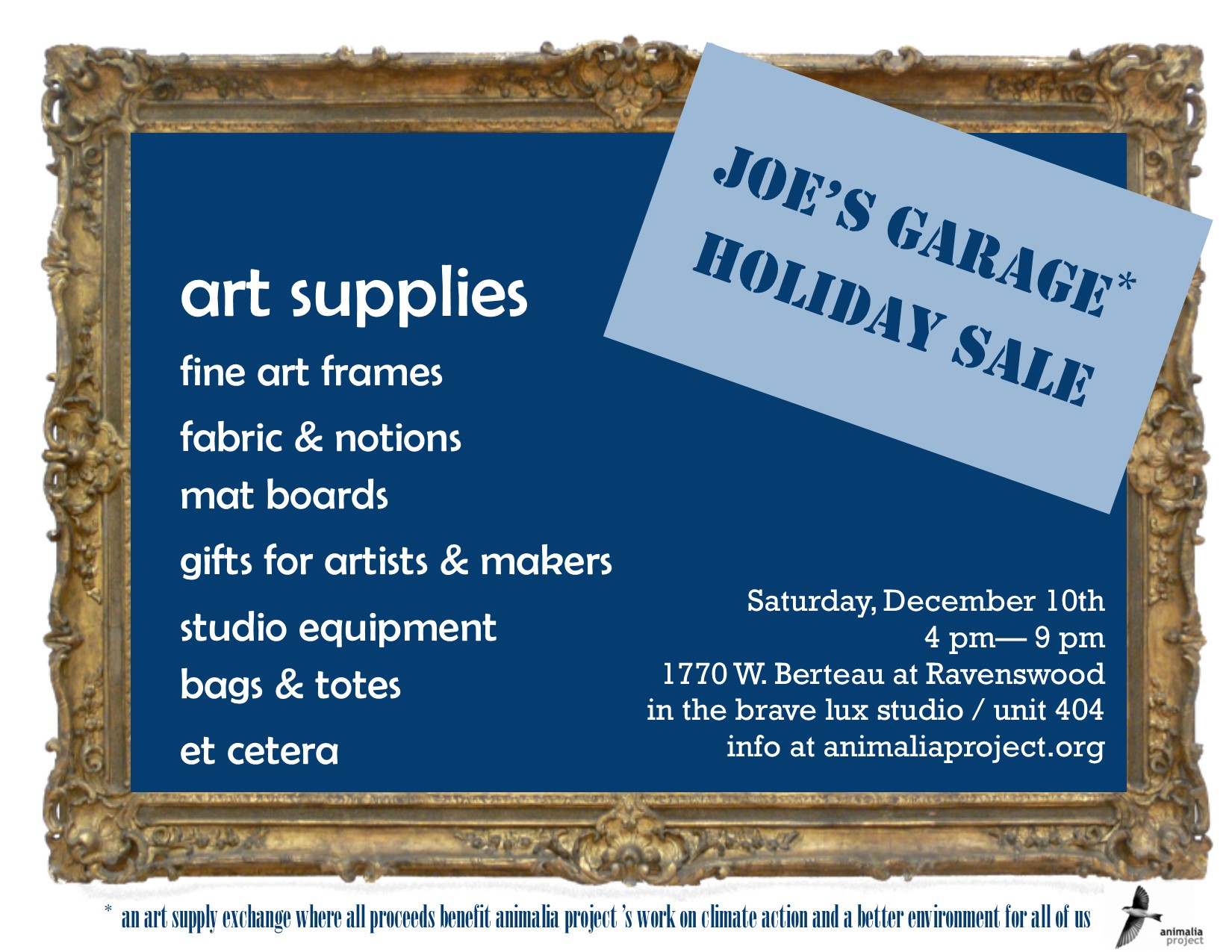 Joe's Garage Holiday Sale 12/10/16 4 pm - 8 pm at 1770 W. Berteau Ave Chicago